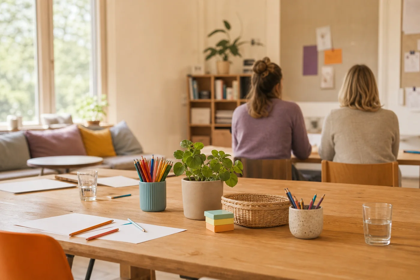 Heller pädagogischer Gemeinschaftsraum mit Kreativmaterialien und zwei nicht erkennbaren Fachkräften von hinten